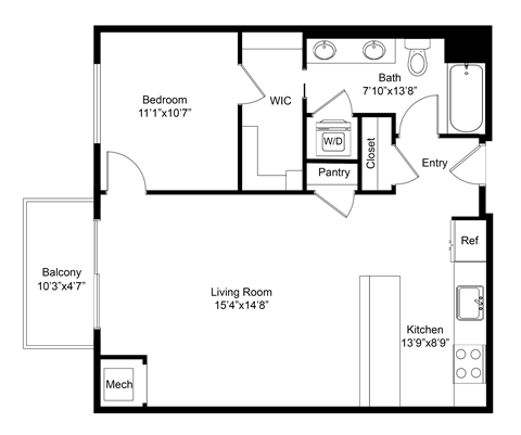 Floor plan for 1 bed, 1 bath, 814 sqft